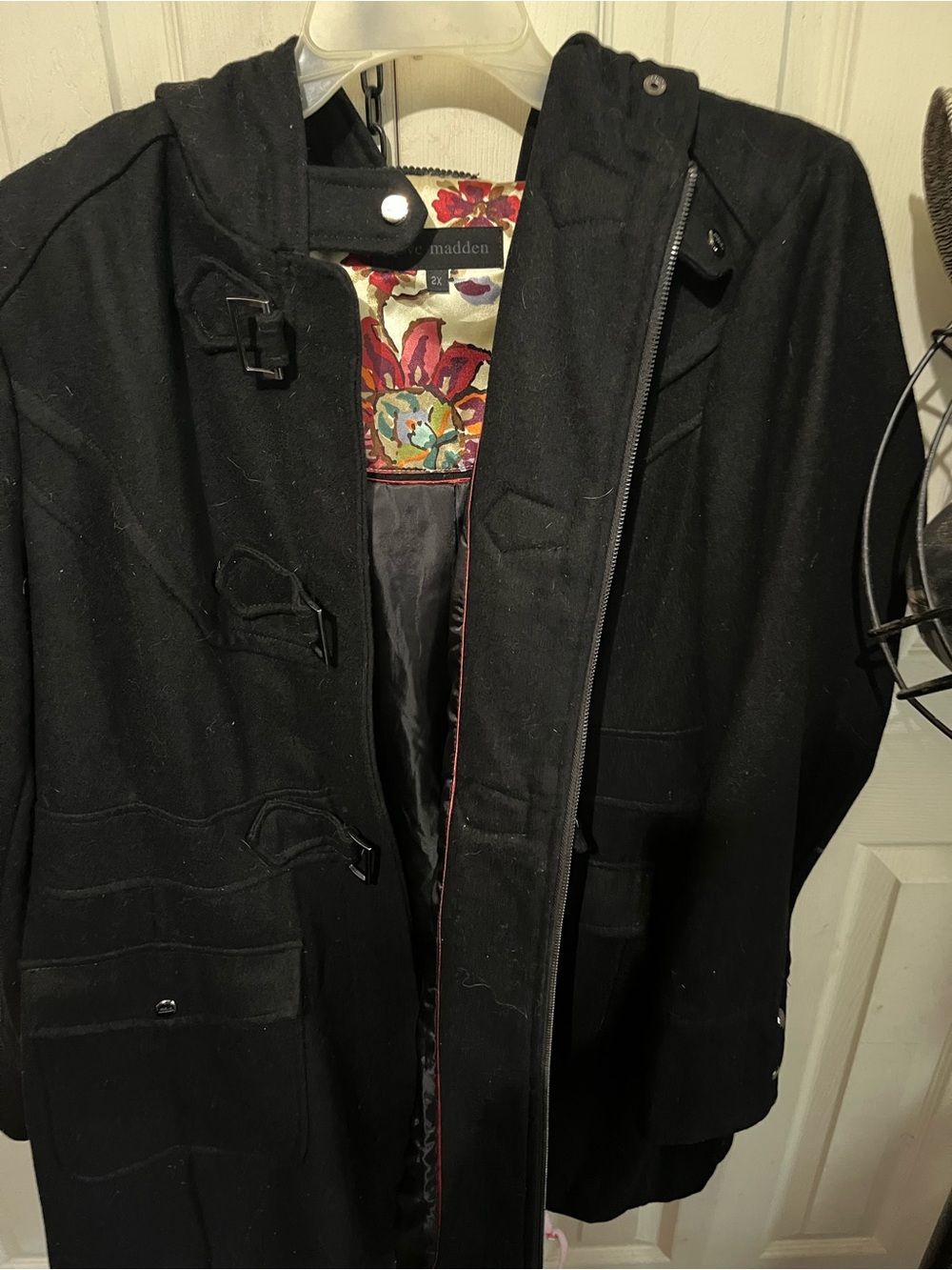 Steve Madden Black Hooded Toggle Pea Coat with Floral Lining